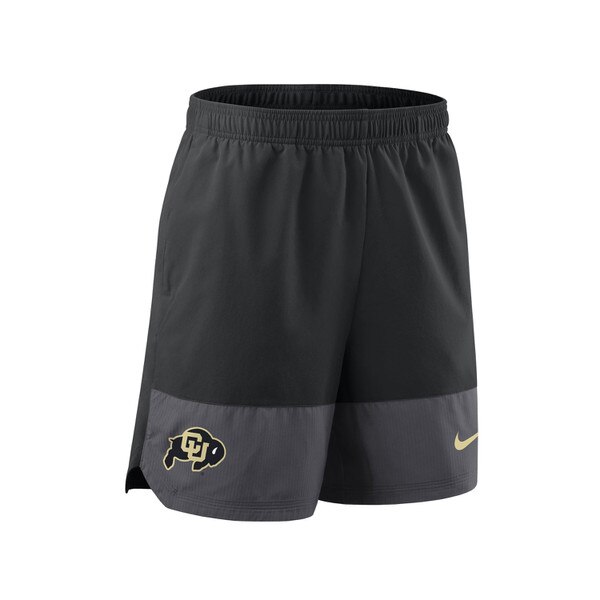 Black and gray Nike athletic shorts with CU Buffaloes logo on left leg and gold Swoosh on right leg.